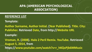 APA (AMERICAN PSYCHOLOGICAL
ASSOCIATION)
REFERENCE LIST
Template:
Author Surname, Author Initial. (Year Published). Title. City:
Publisher. Retrieved Date, from http://Website URL
Example:
Vroman, R. (2008). Halo 2 Peril Remix. YouTube. Retrieved
August 5, 2014, from
https://www.youtube.com/watch?v=r_hKQxPjb6MMusic
 