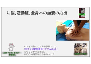 A.脳,冠動脈,全身への血液の拍出
ヒトを対象としたある試験では,
CPR中に冠動脈灌流圧が15mmHg以上
にならなかった場合,
自己心拍再開はみられなかった
P105
 