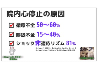 47
Review, C. (2019). In-Hospital Cardiac Arrest A
Review. https://doi.org/10.1001/jama.2019.1696
循環不全 50〜60％
院内心停止の原因
呼吸不全 15〜40％
ショック非適応リズム 81％
 