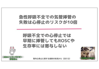 61
院内心停止に関する最新の知見から（2012）
呼吸不全での心停止では
早期に挿管してもROSCや
生存率には寄与しない
急性呼吸不全での気管挿管の
失敗は心停止のリスクが10倍
 
