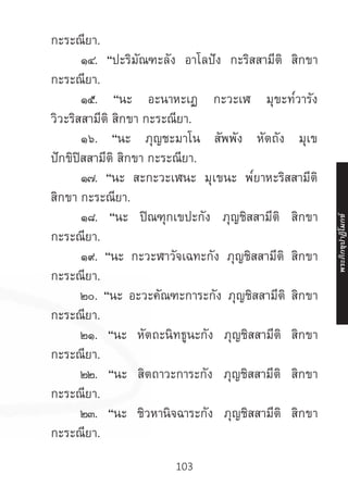 103
กะระณียา.
	 ๑๔. “ปะริมัณฑะลัง อาโลปัง กะริสสามีติ สิกขา
กะระณียา.
	 ๑๕. “นะ อะนาหะเฏ กะวะเฬ มุขะท๎วารัง
วิวะริสสามีติ สิกขา กะระณียา.
	 ๑๖. “นะ ภุญชะมาโน สัพพัง หัตถัง มุเข
ปักขิปิสสามีติ สิกขา กะระณียา.
	 ๑๗. “นะ สะกะวะเฬนะ มุเขนะ พ๎ยาหะริสสามีติ
สิกขา กะระณียา.
	 ๑๘. “นะ ปิณฑุกเขปะกัง ภุญชิสสามีติ สิกขา
กะระณียา.
	 ๑๙. “นะ กะวะฬาวัจเฉทะกัง ภุญชิสสามีติ สิกขา
กะระณียา.
	 ๒๐. “นะ อะวะคัณฑะการะกัง ภุญชิสสามีติ สิกขา
กะระณียา.
	 ๒๑. “นะ หัตถะนิทธูนะกัง ภุญชิสสามีติ สิกขา
กะระณียา.
	 ๒๒. “นะ สิตถาวะการะกัง ภุญชิสสามีติ สิกขา
กะระณียา.
	 ๒๓. “นะ ชิวหานิจฉาระกัง ภุญชิสสามีติ สิกขา
กะระณียา.
พระภิ
ก
ขุ
ป
าฏิ
โ
มกข์
 