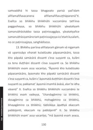 130
saṁvaddhā hi tassa bhagavato parisā yad’idaṁ
aññamaññavacanena aññamaññavuṭṭhāpanenā”ti.
Evañca so bhikkhu bhikkhūhi vuccamāno tath’eva
paggaṇheyya, so bhikkhu bhikkhūhi yāvatatiyaṁ
samanubhāsitabbo tassa paṭinissaggāya, yāvatatiyañce
samanubhāsiyamānotaṁpaṭinissajjeyyaicc’etaṁkusalaṁ,
no ce paṭinissajjeya, saṅghādiseso.
	 13. Bhikkhu pan’eva aññataraṁ gāmaṁ vā nigamaṁ
vā upanissāya viharati kuladūsako pāpasamācāro, tassa
kho pāpakā samācārā dissanti c’eva suyyanti ca, kulāni
ca tena duṭṭhāni dissanti c’eva suyyanti ca. So bhikkhu
bhikkhūhi evam assa vacanīyo, “Āyasmā kho kuladūsako
pāpasamācāro, āyasmato kho pāpakā samācārā dissanti
c’eva suyyanti ca, kulāni c’āyasmatā duṭṭthāni dissanti c’eva
suyyanti ca; pakkamat’ āyasmā imamhā āvāsā, alan’te idha
vāsenā” ti. Evañca so bhikkhu bhikkhūhi vuccamāno te
bhikkhū evaṁ vadeyya, “chandagāmino ca bhikkhū,
dosagāmino ca bhikkhū, mohagāmino ca bhikkhū,
bhayagāmino ca bhikkhū; tādisikāya āpattiyā ekaccaṁ
pabbājenti, ekaccaṁ na pabbājentī” ti. So bhikkhu
bhikkhūhi evam’ assa vacanīyo, “mā āyasmā evaṁ avaca,
BHIKKHUPĀṬIMOKKHA
PĀLI
 