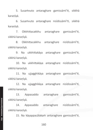 160
	 5. Susaṁvuto antaraghare gamissāmī’ti, sikkhā
karaṇīyā.
	 6. Susaṁvuto antaraghare nisīdissāmī’ti, sikkhā
karaṇīyā.
	 7. Okkhittacakkhu antaraghare gamissāmī’ti,
sikkhā karaṇīyā.
	 8. Okkhittacakkhu antaraghare nisīdissāmī’ti,
sikkhā karaṇīyā.
	 9. Na ukkhittakāya antaraghare gamissāmī’ti,
sikkhā karaṇīyā.
	 10. Na ukkhittakāya antaraghare nisīdissāmī’ti,
sikkhā karaṇīyā.
	 11. Na ujjagghikāya antaraghare gamissāmī’ti,
sikkhā karaṇīyā.
	 12. Na ujjagghikāya antaraghare nisīdissāmī’ti,
sikkhā karaṇīyā.
	 13. Appasaddo antaraghare gamissāmī’ti,
sikkhā karaṇīyā.
	 14. Appasaddo antaraghare nisīdissāmī’ti,
sikkhā karaṇīyā.
	 15. Na kāyappacālakaṁ antaraghare gamissāmī’ti,
BHIKKHUPĀṬIMOKKHA
PĀLI
 