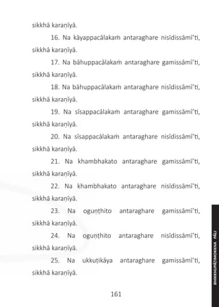 161
sikkhā karaṇīyā.
	 16. Na kāyappacālakaṁ antaraghare nisīdissāmī’ti,
sikkhā karaṇīyā.
	 17. Na bāhuppacālakaṁ antaraghare gamissāmī’ti,
sikkhā karaṇīyā.
	 18. Na bāhuppacālakaṁ antaraghare nisīdissāmī’ti,
sikkhā karaṇīyā.
	 19. Na sīsappacālakaṁ antaraghare gamissāmī’ti,
sikkhā karaṇīyā.
	 20. Na sīsappacālakaṁ antaraghare nisīdissāmī’ti,
sikkhā karaṇīyā.
	 21. Na khambhakato antaraghare gamissāmī’ti,
sikkhā karaṇīyā.
	 22. Na khambhakato antaraghare nisīdissāmī’ti,
sikkhā karaṇīyā.
	 23. Na oguṇṭhito antaraghare gamissāmī’ti,
sikkhā karaṇīyā.
	 24. Na oguṇṭhito antaraghare nisīdissāmī’ti,
sikkhā karaṇīyā.
	 25. Na ukkuṭikāya antaraghare gamissāmī’ti,
sikkhā karaṇīyā.
BHIKKHUPĀṬIMOKKHA
PĀLI
 