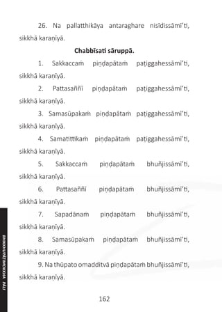 162
	 26. Na pallatthikāya antaraghare nisīdissāmī’ti,
sikkhā karaṇīyā.
Chabbīsati sāruppā.
	 1. Sakkaccaṁ piṇḍapātaṁ paṭiggahessāmī’ti,
sikkhā karaṇīyā.
	 2. Pattasaññī piṇḍapātaṁ paṭiggahessāmī’ti,
sikkhā karaṇīyā.
	 3. Samasūpakaṁ piṇḍapātaṁ paṭiggahessāmī’ti,
sikkhā karaṇīyā.
	 4. Samatittikaṁ piṇḍapātaṁ paṭiggahessāmī’ti,
sikkhā karaṇīyā.
	 5. Sakkaccaṁ piṇḍapātaṁ bhuñjissāmī’ti,
sikkhā karaṇīyā.
	 6. Pattasaññī piṇḍapātaṁ bhuñjissāmī’ti,
sikkhā karaṇīyā.
	 7. Sapadānaṁ piṇḍapātaṁ bhuñjissāmī’ti,
sikkhā karaṇīyā.
	 8. Samasūpakaṁ piṇḍapātaṁ bhuñjissāmī’ti,
sikkhā karaṇīyā.
	 9.Nathūpatoomadditvāpiṇḍapātaṁbhuñjissāmī’ti,
sikkhā karaṇīyā.
BHIKKHUPĀṬIMOKKHA
PĀLI
 