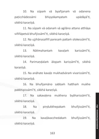 163
	 10. Na sūpaṁ vā byañjanaṁ vā odanena
paṭicchādessāmi bhiyyokamyataṁ upādāyā’ti,
sikkhā karaṇīyā.
	 11. Na sūpaṁ vā odanaṁ vā agilāno attano atthāya
viññāpetvā bhuñjissāmī’ti, sikkhā karaṇīyā.
	 12. Na ujjihānasaññī paresaṁ pattaṁ olokessāmī’ti,
sikkhā karaṇīyā.
	 13. Nātimahantaṁ kavaḷaṁ karissāmī’ti,
sikkhā karaṇīyā.
	 14. Parimaṇḍalaṁ ālopaṁ karissāmī’ti, sikkhā
karaṇīyā.
	 15. Na anāhate kavaḷe mukhadvāraṁ vivarissāmī’ti,
sikkhā karaṇīyā.
	 16. Na bhuñjamāno sabbaṁ hatthaṁ mukhe
pakkhipissāmī’ti, sikkhā karaṇīyā.
	 17. Na sakavaḷena mukhena byāharissāmī’ti,
sikkhā karaṇīyā.
	 18. Na piṇḍukkhepakaṁ bhuñjissāmī’ti,
sikkhā karaṇīyā.
	 19. Na kavaḷāvacchedakaṁ bhuñjissāmī’ti,
sikkhā karaṇīyā.
BHIKKHUPĀṬIMOKKHA
PĀLI
 