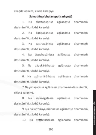 165
chaḍḍessāmī’ti, sikkhā karaṇīyā.
Samatiṁsa bhojanapaṭisaṁyuttā
	 1. Na chattapāṇissa agilānassa dhammaṁ
desissāmī’ti, sikkhā karaṇīyā.
	 2. Na daṇḍapāṇissa agilānassa dhammaṁ
desissāmī’ti, sikkhā karaṇīyā.
	 3. Na satthapāṇissa agilānassa dhammaṁ
desissāmī’ti, sikkhā karaṇīyā.
	 4. Na āvudhapāṇissa agilānassa dhammaṁ
desissāmī’ti, sikkhā karaṇīyā.
	 5. Na pādukārūḷhassa agilānassa dhammaṁ
desissāmī’ti, sikkhā karaṇīyā.
	 6. Na upāhanārūḷhassa agilānassa dhammaṁ
desissāmī’ti, sikkhā karaṇīyā.
	 7.Nayānagatassaagilānassadhammaṁdesissāmī’ti,
sikkhā karaṇīyā.
	 8. Na sayanagatassa agilānassa dhammaṁ
desissāmī’ti, sikkhā karaṇīyā.
	 9. Na pallatthikāya nisinnassa agilānassa dhammaṁ
desissāmī’ti, sikkhā karaṇīyā.
	 10. Na veṭṭhitasīsassa agilānassa dhammaṁ
BHIKKHUPĀṬIMOKKHA
PĀLI
 