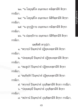 49
	 ๒๓. “น โอคุณฺฐิโต อนฺตรฆเร คมิสฺสามีติ สิกฺขา
กรณียา.
	 ๒๔. “น โอคุณฺฐิโต อนฺตรฆเร นิสีทิสฺสามีติ สิกฺขา
กรณียา.
	 ๒๕. “น อุกฺกุฏิกาย อนฺตรฆเร คมิสฺสามีติ สิกฺขา
กรณียา.
	 ๒๖. “น ปลฺลตฺถิกาย อนฺตรฆเร นิสีทิสฺสามีติ สิกฺขา
กรณียา.
ฉพฺพีสติ สารุปฺปา.
	๑. “สกฺกจฺจํ ปิณฺฑปาตํ ปฏิคฺคเหสฺสามีติ สิกฺขา
กรณียา.
	 ๒. “ปตตฺสญฺญี ปิณฺฑปาตํ ปฏิคฺคเหสฺสามีติ สิกฺขา
กรณียา.
	 ๓. “สมสูปกํ ปิณฺฑปาตํ ปฏิคฺคเหสฺสามีติ สิกฺขา
กรณียา.
	 ๔. “สมติตฺติกํ ปิณฺฑปาตํ ปฏิคฺคเหสฺสามีติ สิกฺขา
กรณียา.
	 ๕. “สกฺกจฺจํ ปิณฺฑปาตํ ภุญฺชิสฺสามีติ สิกฺขา กรณียา.
	 ๖. “ปตฺตสญฺญี ปิณฺฑปาตํ ภุญฺชิสฺสามีติ สิกฺขา
กรณียา.
	 ๗. “สปทานํ ปิณฺฑปาตํ ภุญฺชิสฺสามีติ สิกฺขา กรณียา.
ภิ
ก
ฺ
ข
ุ
ป
าฏิ
โ
มกฺ
ข
ปาลิ
 