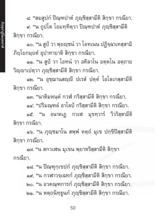 50
	 ๘. “สมสูปกํ ปิณฺฑปาตํ ภุญฺชิสฺสามีติ สิกฺขา กรณียา.
	 ๙. “น ถูปโต โอมทฺทิตฺวา ปิณฺฑปาตํ ภุญฺชิสฺสามีติ
สิกฺขา กรณียา.
	 ๑๐. “น สูปํ วา พฺยญฺชนํ วา โอทเนน ปฏิจฺฉาเทสฺสามิ
ภิยฺโยกมฺยตํ อุปาทายาติ สิกฺขา กรณียา.
	 ๑๑. “น สูปํ วา โอทนํ วา อคิลาโน อตฺตโน อตฺถาย
วิญฺญาเปตฺวา ภุญฺชิสฺสามีติ สิกฺขา กรณียา.
	 ๑๒. “น อุชฺฌานสญฺญี ปเรสํ ปตฺตํ โอโลเกสฺสามีติ
สิกฺขา กรณียา.
	 ๑๓. “นาติมหนฺตํ กวฬํ กริสฺสามีติ สิกฺขา กรณียา.
	 ๑๔. “ปริมณฺฑลํ อาโลปํ กริสฺสามีติ สิกฺขา กรณียา.
	 ๑๕. “น อนาหเฏ กวเฬ มุขทฺวารํ วิวริสฺสามีติ
สิกฺขา กรณียา.
	 ๑๖. “น ภุญฺชมาโน สพฺพํ หตฺถํ มุเข ปกฺขิปิสฺสามีติ
สิกฺขา กรณียา.
	๑๗. “น สกวเฬน มุเขน พฺยาหริสฺสามีติ สิกฺขา
กรณียา.
	 ๑๘. “น ปิณฺฑุกฺเขปกํ ภุญฺชิสฺสามีติ สิกฺขา กรณียา.
	 ๑๙. “น กวฬาวจฺเฉทกํ ภุญฺชิสฺสามีติ สิกฺขา กรณียา.
	 ๒๐. “น อวคณฺฑการกํ ภุญฺชิสฺสามีติ สิกฺขา กรณียา.
	 ๒๑. “น หตฺถนิทฺธูนกํ ภุญฺชิสฺสามีติ สิกฺขา กรณียา.
ภิ
ก
ฺ
ข
ุ
ป
าฏิ
โ
มกฺ
ข
ปาลิ
 