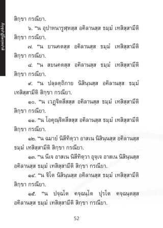 52
สิกฺขา กรณียา.
	 ๖. “น อุปาหนารูฬฺหสฺส อคิลานสฺส ธมฺมํ เทสิสฺสามีติ
สิกฺขา กรณียา.
	 ๗. “น ยานคตสฺส อคิลานสฺส ธมฺมํ เทสิสฺสามีติ
สิกฺขา กรณียา.
	 ๘. “น สยนคตสฺส อคิลานสฺส ธมฺมํ เทสิสฺสามีติ
สิกฺขา กรณียา.
	 ๙. “น ปลฺลตฺถิกาย นิสินฺนสฺส อคิลานสฺส ธมฺมํ
เทสิสฺสามีติ สิกฺขา กรณียา.
	 ๑๐. “น เวฏฺฐิตสีสสฺส อคิลานสฺส ธมฺมํ เทสิสฺสามีติ
สิกฺขา กรณียา.
	 ๑๑. “น โอคุณฺฐิตสีสสฺส อคิลานสฺส ธมฺมํ เทสิสฺสามีติ
สิกฺขา กรณียา.
	 ๑๒. “น ฉมายํ นิสีทิตฺวา อาสเน นิสินฺนสฺส อคิลานสฺส
ธมฺมํ เทสิสฺสามีติ สิกฺขา กรณียา.
	 ๑๓. “น นีเจ อาสเน นิสีทิตฺวา อุจฺเจ อาสเน นิสินฺนสฺส
อคิลานสฺส ธมฺมํ เทสิสฺสามีติ สิกฺขา กรณียา.
	 ๑๔. “น ฐิโต นิสินฺนสฺส อคิลานสฺส ธมฺมํ เทสิสฺสามีติ
สิกฺขา กรณียา.
	 ๑๕. “น ปจฺฉโต คจฺฉนฺโต ปุรโต คจฺฉนฺตสฺส
อคิลานสฺส ธมฺมํ เทสิสฺสามีติ สิกฺขา กรณียา.
ภิ
ก
ฺ
ข
ุ
ป
าฏิ
โ
มกฺ
ข
ปาลิ
 