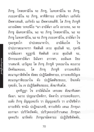 70
ภิกขู, โทสะคามิโน จะ ภิกขู, โมหะคามิโน จะ ภิกขู,
ภะยะคามิโน จะ ภิกขู, ตาทิสิกายะ อาปัตติยา เอกัจจัง
ปัพพาเชนติ, เอกัจจัง นะ ปัพพาเชนตีติ. โส ภิกขุ ภิกขูหิ
เอวะมัสสะ วะจะนีโย “มา อายัส๎มา เอวัง อะวะจะ, นะ จะ
ภิกขู ฉันทะคามิโน, นะ จะ ภิกขู โทสะคามิโน, นะ จะ
ภิกขู โมหะคามิโน, นะ จะ ภิกขู ภะยะคามิโน, อายัส๎มา โข
กุละทูสะโก ปาปะสะมาจาโร, อายัส๎มะโต โข
ปาปะกาสะมาจารา ทิสสันติ เจวะ สุยยันติ จะ, กุลานิ
จายัส๎มะตา ทุฏฐานิ ทิสสันติ เจวะ สุยยันติ จะ,
ปักกะมะตายัส๎มา อิมัมหา อาวาสา, อะลันเต อิธะ
วาเสนาติ. เอวัญจะ โส ภิกขุ ภิกขูหิ วุจจะมาโน ตะเถวะ
ปัคคัณเหยยะ, โส ภิกขุ ภิกขูหิ ยาวะตะติยัง
สะมานุภาสิตัพโพ ตัสสะ ปะฏินิสสัคคายะ, ยาวะตะติยัญเจ
สะมะนุภาสิยะมาโน ตัง ปะฏินิสสัชเชยยะ, อิจเจตัง
กุสะลัง, โน เจ ปะฏินิสสัชเชยยะ, สังฆาทิเสโส. 	 	
	 อุททิฏฐา โข อายัส๎มันโต เตระสะ สังฆาทิเสสา
ธัมมา. นะวะ ปะฐะมาปัตติกา, จัตตาโร ยาวะตะติยะกา,
เยสัง ภิกขุ อัญญะตะรัง วา อัญญะตะรัง วา อาปัชชิต๎วา
ยาวะติหัง ชานัง ปะฏิจฉาเทติ, ตาวะติหัง เตนะ ภิกขุนา
อะกามา ปะริวัตถัพพัง, ปะริวุตถะปะริวาเสนะ ภิกขุนา
อุตตะริง ฉารัตตัง ภิกขุมานัตตายะ ปะฏิปัชชิตัพพัง,
พระภิ
ก
ขุ
ป
าฏิ
โ
มกข์
 