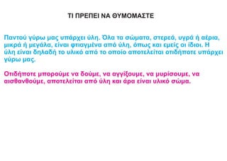 ΤΙ ΠΡΕΠΕΙ ΝΑ ΘΥΜΟΜΑΣΤΕ
Παντού γύρω μας υπάρχει ύλη. Όλα τα σώματα, στερεά, υγρά ή αέρια,
μικρά ή μεγάλα, είναι φτιαγμένα από ύλη, όπως και εμείς οι ίδιοι. Η
ύλη είναι δηλαδή το υλικό από το οποίο αποτελείται οτιδήποτε υπάρχει
γύρω μας.
Οτιδήποτε μπορούμε να δούμε, να αγγίξουμε, να μυρίσουμε, να
αισθανθούμε, αποτελείται από ύλη και άρα είναι υλικό σώμα.
 