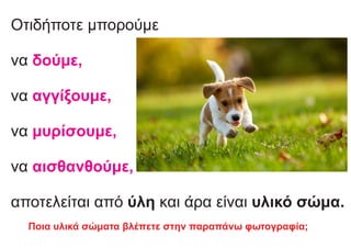 Οτιδήποτε μπορούμε
να δούμε,
αγγίξουμε,
να
μυρίσουμε,
να
να αισθανθούμε,
αποτελείται από ύλη και άρα είναι υλικό σώμα.
Ποια υλικά σώματα βλέπετε στην παραπάνω φωτογραφία;
 