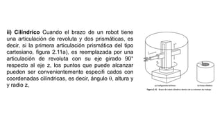 ii) Cilíndrico Cuando el brazo de un robot tiene
una articulación de revoluta y dos prismáticas, es
decir, si la primera articulación prismática del tipo
cartesiano, ﬁgura 2.11a), es reemplazada por una
articulación de revoluta con su eje girado 90°
respecto al eje z, los puntos que puede alcanzar
pueden ser convenientemente especiﬁ cados con
coordenadas cilíndricas, es decir, ángulo q, altura y
y radio z,
 