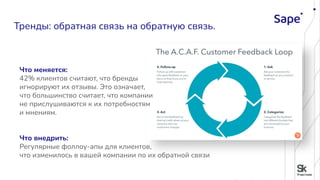 Тренды: обратная связь на обратную связь.
Что меняется:
42% клиентов считают, что бренды
игнорируют их отзывы. Это означает,
что большинство считает, что компании
не прислушиваются к их потребностям
и мнениям.
Что внедрить:
Регулярные фоллоу-апы для клиентов,
что изменилось в вашей компании по их обратной связи
 