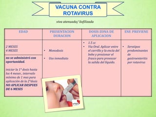 viva atenuada/ liofilizada
EDAD PRESENTACION
DURACION
DOSIS-ZONA DE
APLICACION
ENF. PREVIENE
2 MESES
4 MESES • Monodosis
• Uso inmediato
• 1.5 cc
• Via Oral. Aplicar entre
el carrillo y la encía del
bebe y presionar el
frasco para provocar
la salida del líquido.
• Serotipos
predominantes
de
gastroenteritis
por rotavirus
no se administró con
oportunidad.
iniciar la 1° dosis hasta
los 4 meses , intervalo
mínimo de 1 mes para
aplicación de la 2°dosis
NO APLICAR DESPUES
DE 6 MESES
VACUNA CONTRA
ROTAVIRUS
 