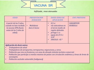 EDAD PRESENTACION
DURACION
DOSIS-ZONA DE
APLICACION
ENF. PREVIENE
A partir de los 5 años,
cuando no han recibido
la vacuna SPR (hasta
antes de los 5 años de
edad).
• Multidosis
dura 6 horas
• 0.5 cc
• vía subcutánea en
el tercio medio de
región deltoides
• jeringa 1 cc
• aguja de 25 G x
5/8”.
• ANGULO : 45 °
SARAMPION
RUBEOLA
Aplicación de dosis unica:
• Trabajadores de salud
• Trabajadores de aeropuertos, terrapuertos, migraciones, y otros.
• Población que vive en fronteras y en zona de elevado tránsito turístico comercial.
• Población que participa a eventos masivos de países con circulación endémica y áreas de brote de
sarampión.
• Población excluida vulnerable (indígenas)
liofilizada , vivos atenuados
VACUNA SR
 