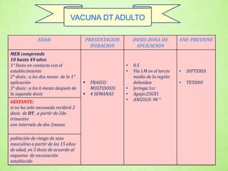 EDAD PRESENTACION
DURACION
DOSIS-ZONA DE
APLICACION
ENF. PREVIENE
MER comprende
10 hasta 49 años
1° Dosis en contacto con el
establecimiento
2° dosis : a los dos meses de la 1°
aplicación
3° dosis : a los 6 meses después de
la segunda dosis
 FRASCO
MULTIDOSIS
 4 SEMANAS
• 0.5
• Vía I.M en el tercio
medio de la región
deltoidea
• Jeringa:1cc
• Aguja:25GX1
• ANGULO: 90 °
• DIFTERIA
• TETANO
GESTANTE:
si no ha sido vacunada recibirá 2
dosis de DT , a partir de 2do
trimestre
con intervalo de dos 2meses
población de riesgo de sexo
masculino a partir de los 15 años
de edad, en 3 dosis de acuerdo al
esquema de vacunación
establecido
VACUNA DT ADULTO
 