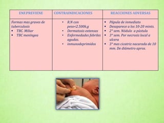 ENF.PREVIENE CONTRAINDICACIONES REACCIONES ADVERSAS
Formas mas graves de
tuberculosis
 TBC. Miliar
 TBC meníngea
• R.N con
peso<2.500k.g
• Dermatosis extensas
• Enfermedades febriles
agudas.
• inmunodeprimidos
 Pápula de inmediato
 Desaparece a los 10-20 mints.
 2° sem. Nódulo a pústula
 3° sem. Por necrosis local a
ulcera
 3° mes cicatriz nacarada de 10
mm. De diámetro aprox.
 