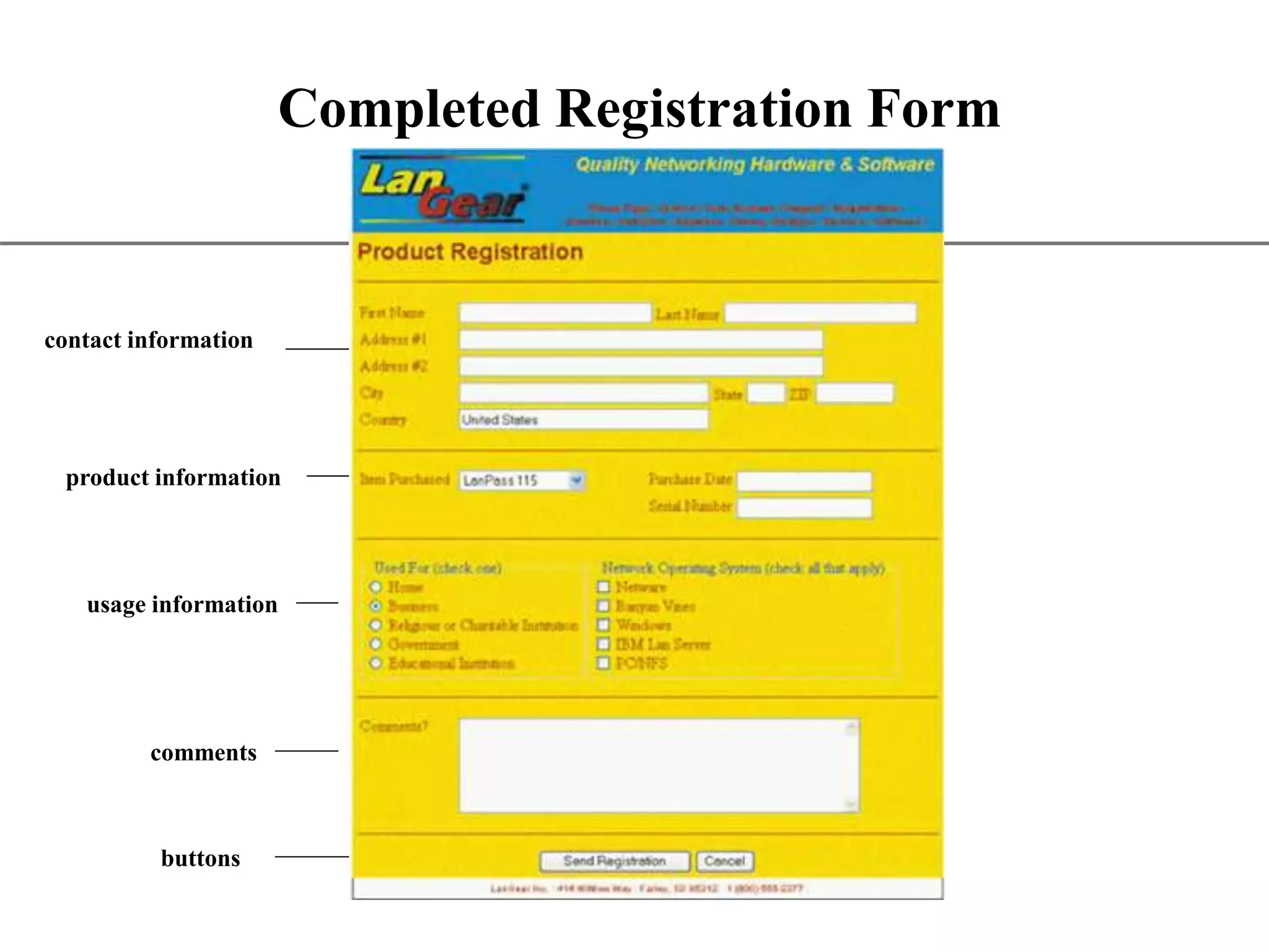XP Completed Registration Form contact information product information usage information comments buttons 