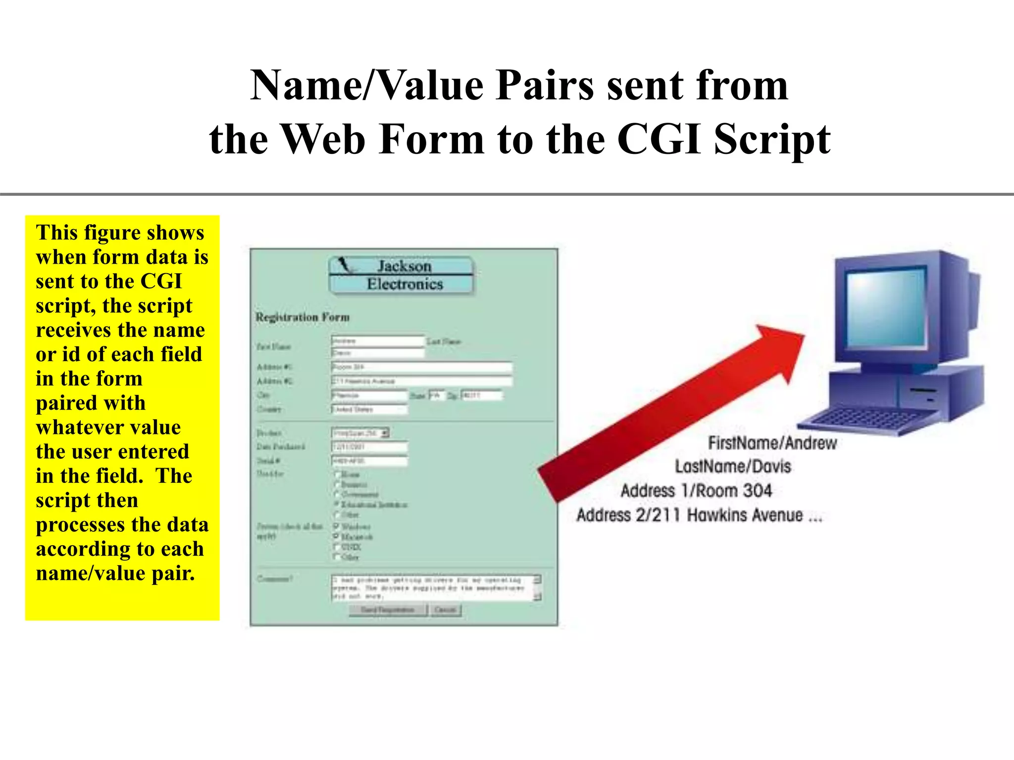 XP Name/Value Pairs sent from the Web Form to the CGI Script This figure shows when form data is sent to the CGI script, the script receives the name or id of each field in the form paired with whatever value the user entered in the field. The script then processes the data according to each name/value pair. 