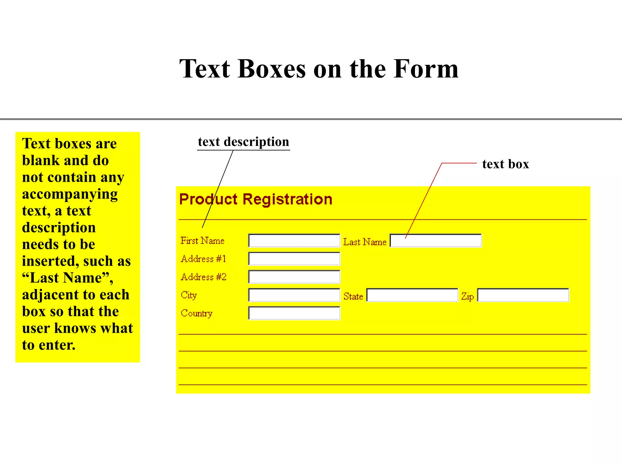 XP Text Boxes on the Form text box Text boxes are blank and do not contain any accompanying text, a text description needs to be inserted, such as “Last Name”, adjacent to each box so that the user knows what to enter. text description 