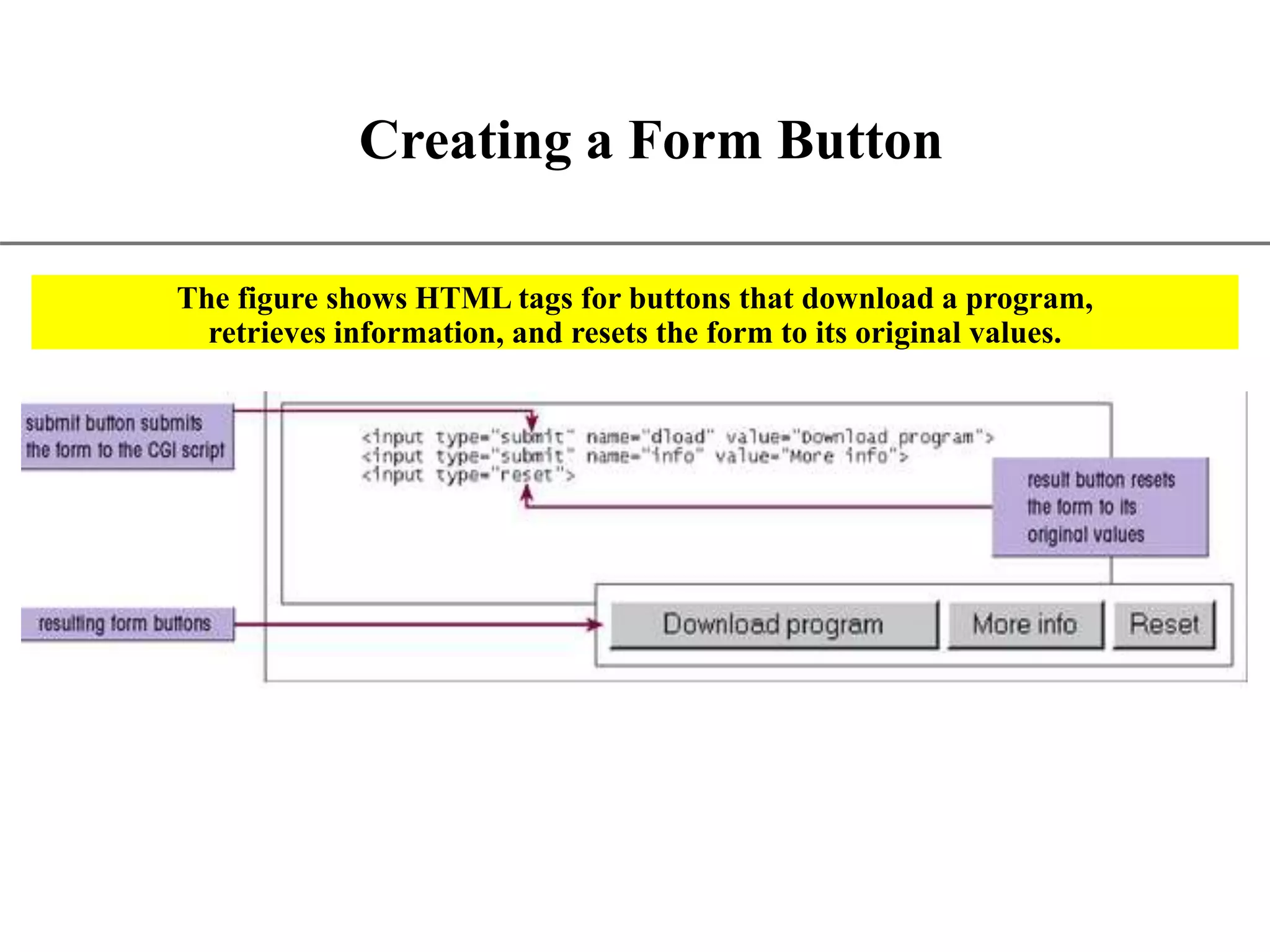 XP Creating a Form Button The figure shows HTML tags for buttons that download a program, retrieves information, and resets the form to its original values. 