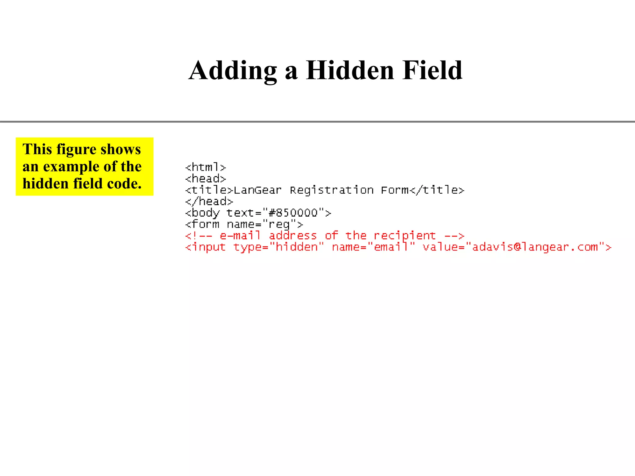 XP Adding a Hidden Field This figure shows an example of the hidden field code. 