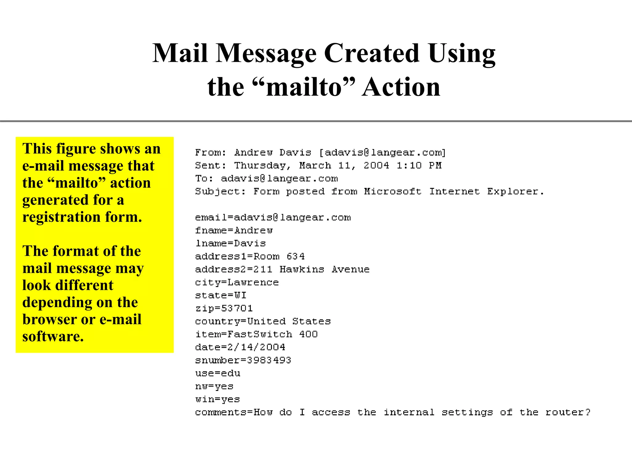 XP Mail Message Created Using the “mailto” Action This figure shows an e-mail message that the “mailto” action generated for a registration form. The format of the mail message may look different depending on the browser or e-mail software. 