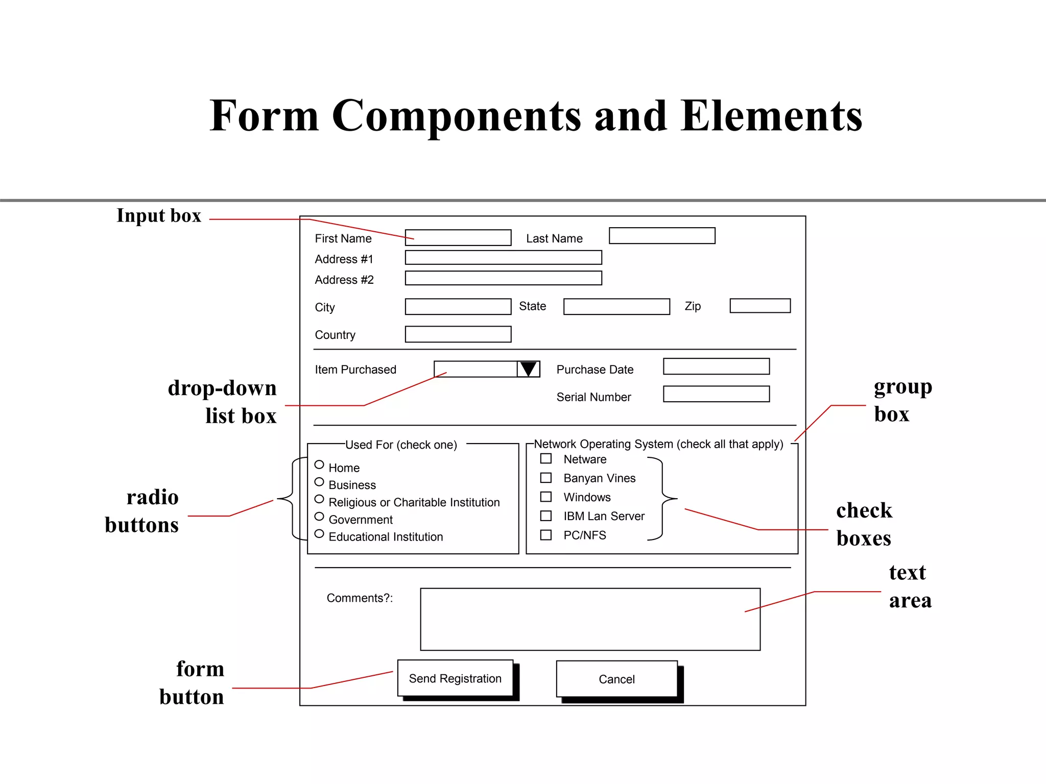 XP Form Components and Elements First Name Address #1 Address #2 City Last Name Country State Zip Item Purchased Purchase Date Home Business Government Educational Institution Netware Banyan Vines Windows IBM Lan Server Comments?: Send Registration Cancel Serial Number Used For (check one) Network Operating System (check all that apply) Religious or Charitable Institution PC/NFS Input box drop-down list box radio buttons check boxes text area form button group box 