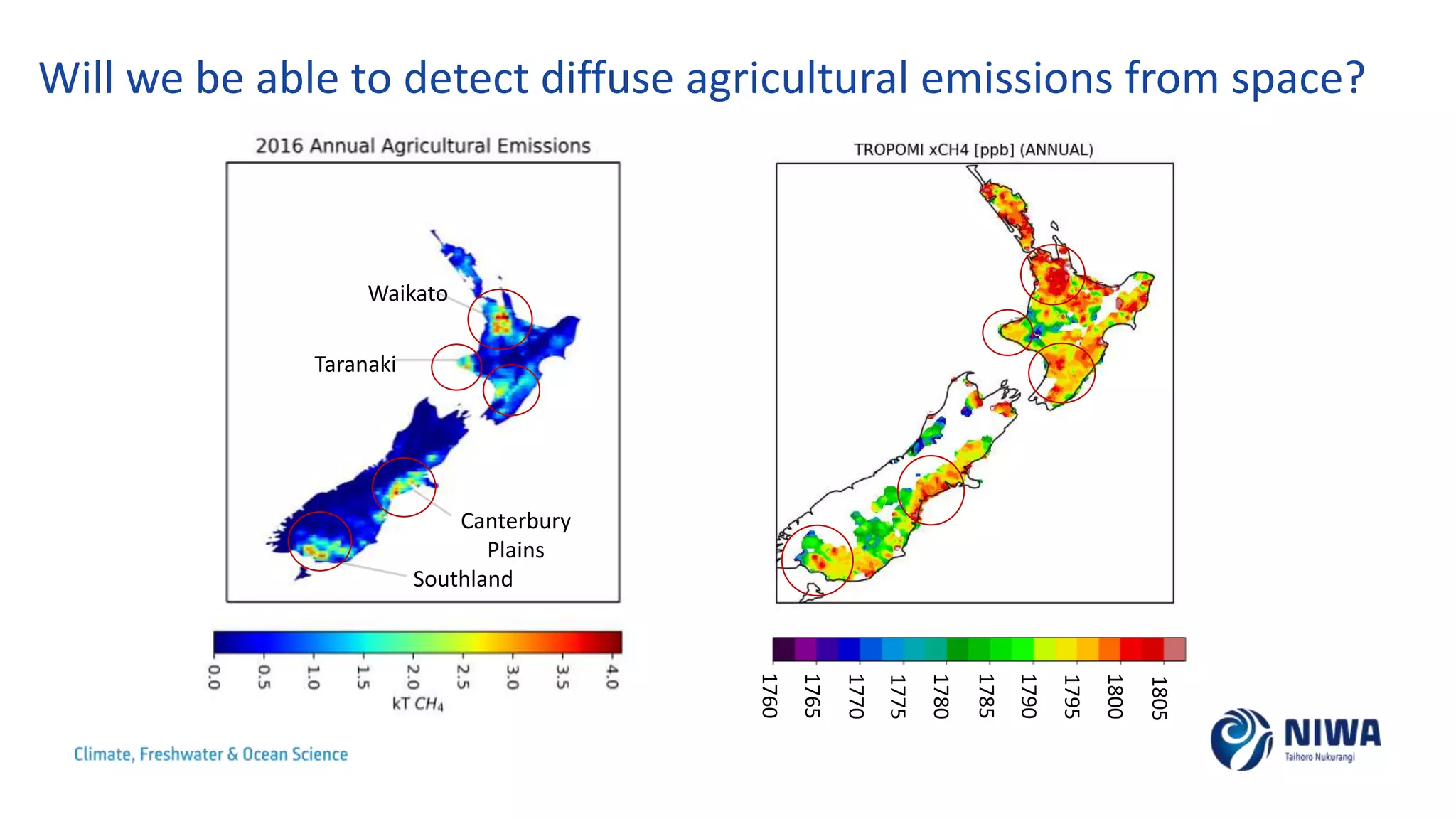 1760
1765
1770
1775
1785
1780
1795
1790
1805
1800
Waikato
Canterbury
Plains
Taranaki
Southland
Will we be able to detect diffuse agricultural emissions from space?
 