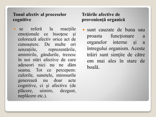 Tonul afectiv al proceselor
cognitive
Trăirile afective de
provenienţă organică
 se referă la reacţiile
emoţionale ce însoţesc şi
colorează afectiv orice act de
cunoaştere. De multe ori
senzaţiile, reprezentările,
amintirile, gândurile, trezesc
în noi stări afective de care
adeseori nici nu ne dăm
seama. Tot ce percepem:
culorile, sunetele, mirosurile
generează nu doar acte
cognitive, ci şi afective (de
plăcere, uimire, dezgust,
neplăcere etc.).
 sunt cauzate de buna sau
proasta funcţionare a
organelor interne şi a
întregului organism. Aceste
trăiri sunt simţite de către
om mai ales în stare de
boală.
 