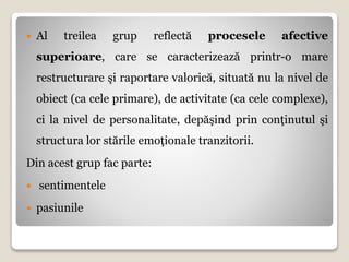  Al treilea grup reflectă procesele afective
superioare, care se caracterizează printr-o mare
restructurare şi raportare valorică, situată nu la nivel de
obiect (ca cele primare), de activitate (ca cele complexe),
ci la nivel de personalitate, depăşind prin conţinutul şi
structura lor stările emoţionale tranzitorii.
Din acest grup fac parte:
 sentimentele
 pasiunile
 
