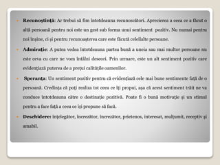  Recunoștință: Ar trebui să fim întotdeauna recunoscători. Aprecierea a ceea ce a făcut o
altă persoană pentru noi este un gest sub forma unui sentiment pozitiv. Nu numai pentru
noi înșine, ci și pentru recunoașterea care este făcută celeilalte persoane.
 Admirație: A putea vedea întotdeauna partea bună a uneia sau mai multor persoane nu
este ceva cu care ne vom întâlni deseori. Prin urmare, este un alt sentiment pozitiv care
evidențiază puterea de a prețui calitățile oamenilor.
 Speranța: Un sentiment pozitiv pentru că evidențiază cele mai bune sentimente față de o
persoană. Credința că poți realiza tot ceea ce îți propui, așa că acest sentiment trăit ne va
conduce întotdeauna către o destinație pozitivă. Poate fi o bună motivație și un stimul
pentru a face față a ceea ce își propune să facă.
 Deschidere: înțelegător, încrezător, încrezător, prietenos, interesat, mulțumit, receptiv și
amabil.
 