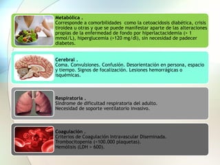 Metabólica .
Corresponde a comorbilidades como la cetoacidosis diabética, crisis
tiroidea u otras y que se puede manifestar aparte de las alteraciones
propias de la enfermedad de fondo por hiperlactacidemia (> 1
mmol/L), hiperglucemia (>120 mg/dl), sin necesidad de padecer
diabetes.
Cerebral .
Coma. Convulsiones. Confusión. Desorientación en persona, espacio
y tiempo. Signos de focalización. Lesiones hemorrágicas o
isquémicas.
Respiratoria .
Síndrome de dificultad respiratoria del adulto.
Necesidad de soporte ventilatorio invasivo.
Coagulación .
Criterios de Coagulación Intravascular Diseminada.
Trombocitopenia (<100.000 plaquetas).
Hemólisis (LDH > 600).
 