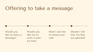 Offering to take a message
Would you
like to leave a
message?
Would you
like me to
write a note
for him?
Shall I ask him
to return your
call?
Should I tell
Mrs Tia that
you phoned?
 