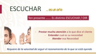 ESCUCHAR … es un arte
- Prestar mucha atención a lo que dice el cliente
- Entender cual es su necesidad
- Atender esa Necesidad
Ten presente ……. Es distinto ESCUCHAR / OIR
Requiere de la voluntad de seguir el razonamiento de lo que se está oyendo
 