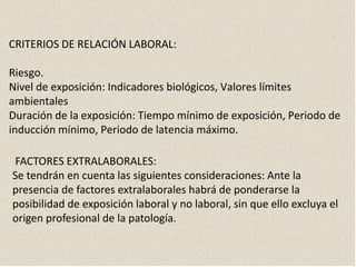 CRITERIOS DE RELACIÓN LABORAL:
Riesgo.
Nivel de exposición: Indicadores biológicos, Valores límites
ambientales
Duración de la exposición: Tiempo mínimo de exposición, Periodo de
inducción mínimo, Periodo de latencia máximo.
FACTORES EXTRALABORALES:
Se tendrán en cuenta las siguientes consideraciones: Ante la
presencia de factores extralaborales habrá de ponderarse la
posibilidad de exposición laboral y no laboral, sin que ello excluya el
origen profesional de la patología.
 