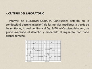 4. CRITERIO DEL LABORATORIO
- Informe de ELECTROMIOGRAFIA Conclusión: Retardo en la
conducción( desmielinización) de los nervios medianos a través de
las muñecas, lo cual confirma el Dg. Sd.Túnel Carpiano bilateral, de
grado avanzado el derecho y moderado el izquierdo, con daño
axonal derecho.
62
 