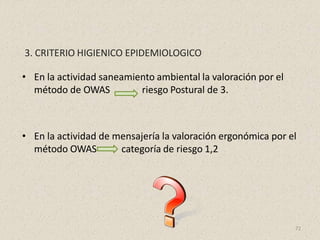 3. CRITERIO HIGIENICO EPIDEMIOLOGICO
• En la actividad saneamiento ambiental la valoración por el
método de OWAS riesgo Postural de 3.
• En la actividad de mensajería la valoración ergonómica por el
método OWAS categoría de riesgo 1,2
72
 