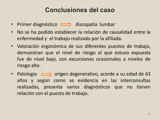 Conclusiones del caso
• Primer diagnóstico discopatía lumbar
• No se ha podido establecer la relación de causalidad entre la
enfermedad y el trabajo realizado por la afiliada.
• Valoración ergonómica de sus diferentes puestos de trabajo,
demuestran que el nivel de riesgo al que estuvo expuesta
fue de nivel bajo, con excursiones ocasionales a niveles de
riesgo alto.
• Patología origen degenerativo, acorde a su edad de 63
años y según como se evidencia en las interconsultas
realizadas, presenta varios diagnósticos que no tienen
relación con el puesto de trabajo.
73
 