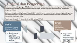 ◺ 1.Definisi dan Pengertian
DPLH
(Dokumen
Pengelolaan
Lingkungan Hidup)
DELH
(Dokumen Evaluasi
Lingkungan Hidup)
• Bagi usaha
dan/atau
kegiatan yang
wajib memiliki
Amdal
• Bagi usaha
dan/atau
kegiatan yang
wajib memiliki
UKL UPL
Dokumen Evaluasi Lingkungan (DELH) adalah dokumen evaluasi dampak penting pada lingkungan hidup terhadap
usaha dan/atau Kegiatan yang telah berjalan untuk digunakan sebagai instrumen perlindungan dan pengelolaan
Lingkungan Hidup.
Dokumen Pengelolaan Lingkungan Hidup (DPLH) adalah dokumen evaluasi dampak tidak penting pada Lingkungan
Hidup terhadap Usaha dan/atau Kegiatan yang telah berjalan untuk digunakan sebagai instrumen perlindungan dan
Pengelolaan Lingkungan Hidup.
Pasal 1 ayat 26 dan 27 PP Nomor 22 Tahun 2021 tentang PPPLH
 