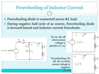 Freewheeling of Inductor Current
 Freewheeling diode is connected across RL load.
 During negative half cycle of ac source, freewheeling diode
is forward biased and inductor current freewheels.
D1 on, D2 off
when source
voltage is
positive (vs>0)
Freewheeling- D1
off, D2 on when
source voltage is
negative
(vs<0)
10
 