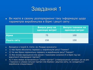 Завдання 1
 Ви маєте в своєму розпорядженні таку інформацію щодо
параметрів виробництва в Бірмі і решті світу:
 Виходячи з теорій А. Сміта і Д. Рікардо визначити:
 1) має Бірма абсолютну перевагу у виробництві рису? Тканин?
 2) Чи має Бірма порівняльну перевагу в виробництві рису? Тканин?
 3) Яке мінове відношення між рисом і тканинами склалося б в Бірмі під час
відсутності міжнародної торгівлі?
 4) У яких межах встановляться "умови торгівлі" (співвідношення світових цін на рис
і тканини) в умовах вільної торгівлі між Бірмою і рештою світу, як складеться її
виробнича спеціалізація?
Випуск рису на
одиницю витрат
Випуск тканини на
одиницю витрат
Бірма 75 100
Решта світу 150 150
 