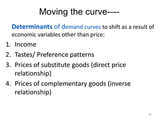 Moving the curve----
Determinants of demand curves to shift as a result of
economic variables other than price:
1. Income
2. Tastes/ Preference patterns
3. Prices of substitute goods (direct price
relationship)
4. Prices of complementary goods (inverse
relationship)
16
 