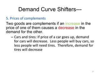 Demand Curve Shifters---
5. Prices of complements
Two goods are complements if an increase in the
price of one of them causes a decrease in the
demand for the other.
– Cars and tires: If price of a car goes up, demand
for cars will decrease. Less people will buy cars, so
less people will need tires. Therefore, demand for
tires will decrease
21
 