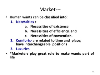 Market---
• Human wants can be classified into:
1. Necessities :
a. Necessities of existence
b. Necessities of efficiency, and
c. Necessities of convention.
2. Comforts- are related to time and place;
have interchangeable positions
3. Luxuries
• *Marketers play great role to make wants part of
life
55
 