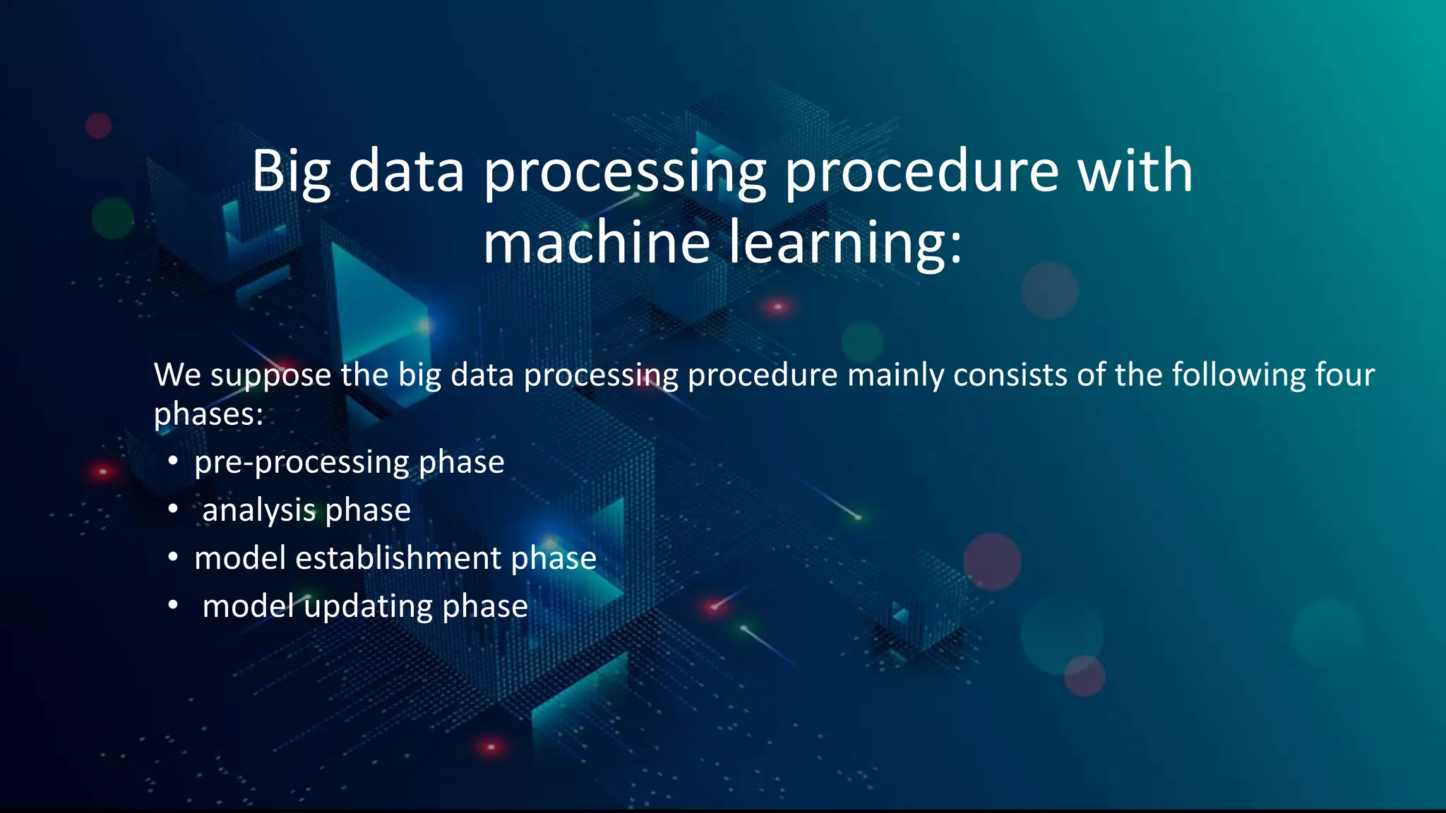 Big data processing procedure with
machine learning:
We suppose the big data processing procedure mainly consists of the following four
phases:
• pre-processing phase
• analysis phase
• model establishment phase
• model updating phase
 