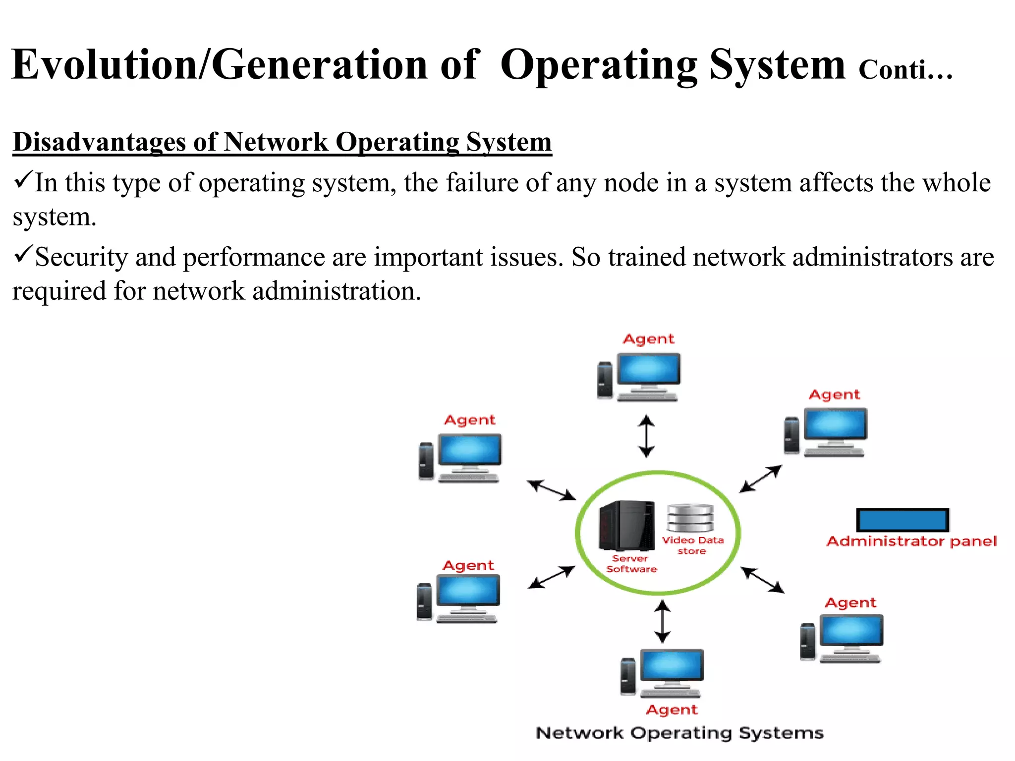 Evolution/Generation of Operating System Conti…
Disadvantages of Network Operating System
In this type of operating system, the failure of any node in a system affects the whole
system.
Security and performance are important issues. So trained network administrators are
required for network administration.
 