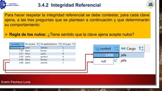 Erahin Pacheco Luna
3.4.2 Integridad Referencial
Para hacer respetar la integridad referencial se debe contestar, para cada clave
ajena, a las tres preguntas que se plantean a continuación y que determinarán
su comportamiento:
➢ Regla de los nulos: ¿Tiene sentido que la clave ajena acepte nulos?
null
 